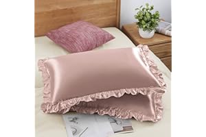 SiinvdaBZX Ruffled Standard Satin Pillowcase Set of 2, Rose Gold Silky Satin Pillow Cases for Women Ruffle Pillow Shams Covers Princess Room Decoration, with Envelope Closure