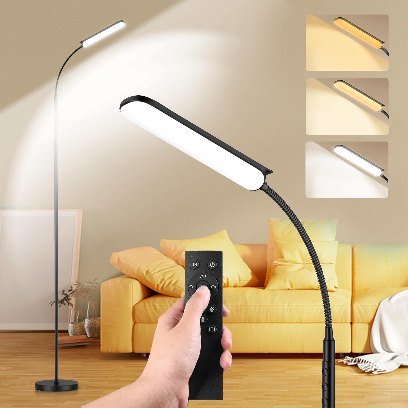 LED Uplighter Floor Lamp Adjust freely, 18W 1800LM Dimmable Floor Standing Lamp with Remote & Touch Control, 1min Installation, Standard Eye Caring Reading Lamps Living Room Modern for Bedroom (Black)