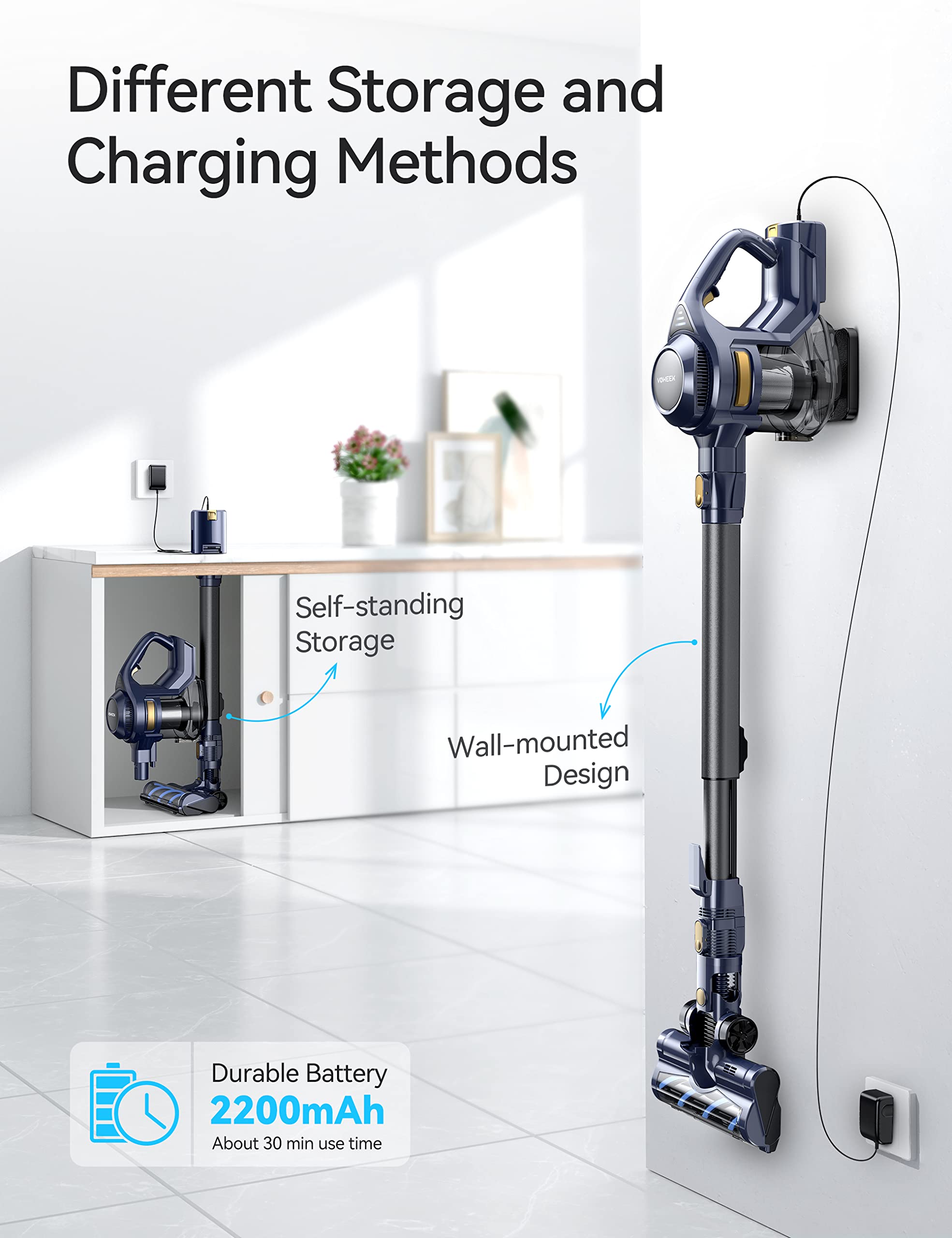Voweek Cordless Vacuum Cleaner, Lightweight Stick Vacuum Cleaner with Powerful Suction, Detachable Battery, 1.3L Dust Cup, 4 in 1 Handheld Vacuum for Home Hard Floor Carpet Pet Hair
