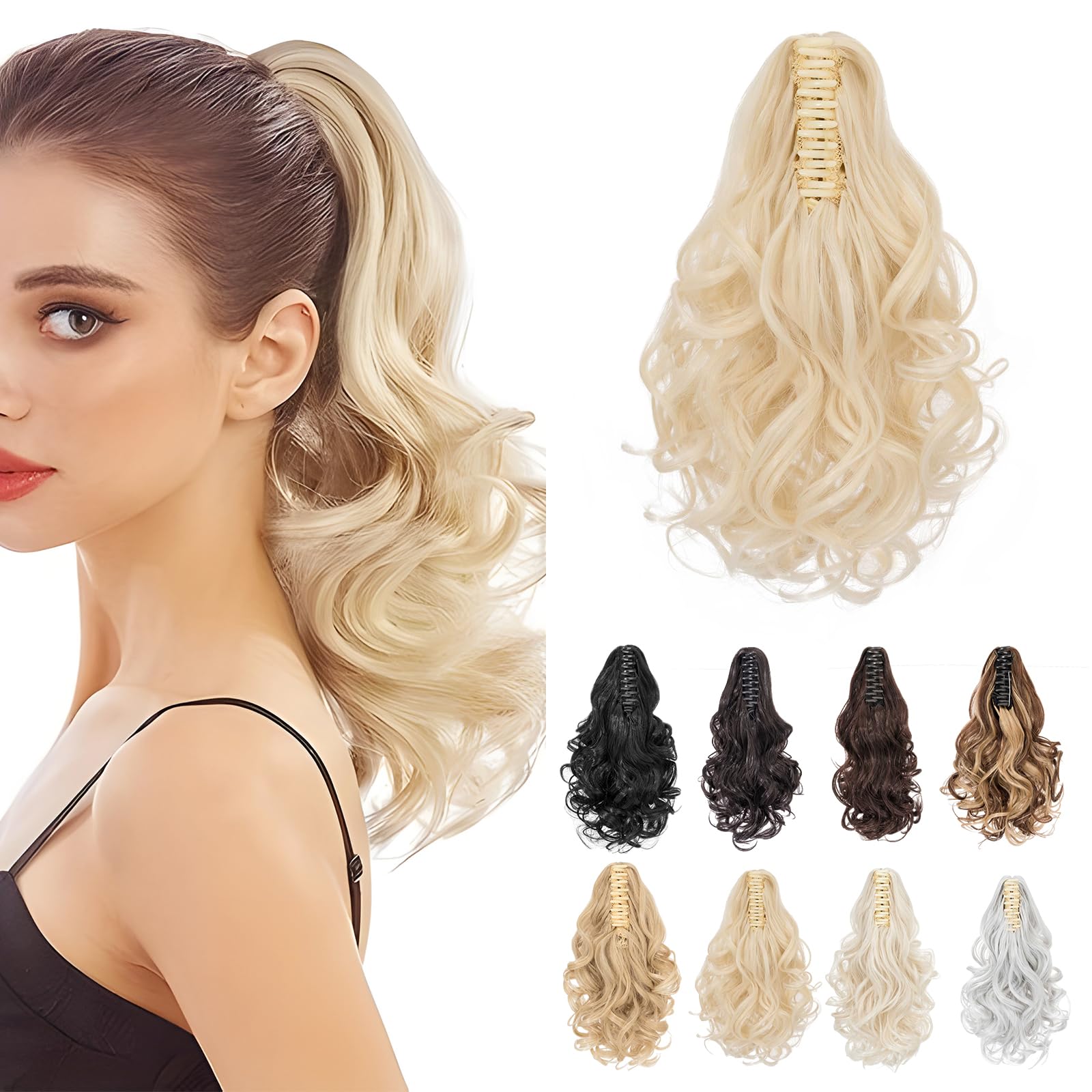 Ponytail Extension, MY-LADY Claw Clip in Ponytail Hair Extensions 14 Inch Short Curly Ponytail Natural Wavy Synthetic Hairpiece for Women,Honey Blonde