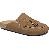 Yellhum Faux Suede Mules for Women Tassel Flat Loafers Comfort Clog Mules Slip on Round Toe Casual Boat Slippers Shoes Tan
