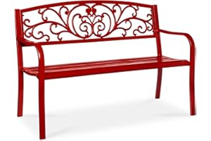 Best Choice Products Outdoor Bench Steel Garden Patio Porch Furniture for Lawn, Park, Deck w/Floral Design Backrest, Slatted Seat - Red