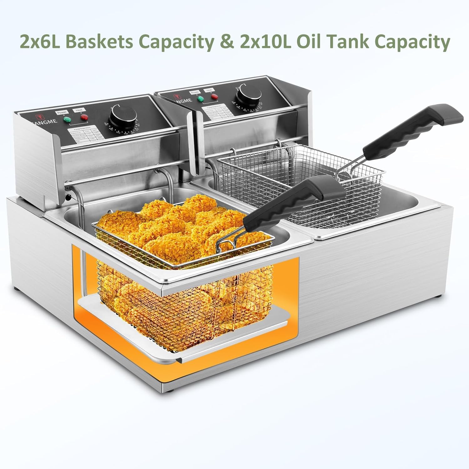Commercial Deep Fryer - 3400W Electric Deep Fryers with 2x6.35QT Baskets 0.8mm Thickened Stainless Steel Countertop Oil Fryer 20.7QT Large Capacity with Temperature Limiter (12L)