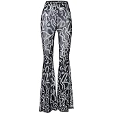 Women’s High Waist Rave Mesh Sheer Pants Flared Bell Bottom Pants for Rave Festival Dance Clubwear