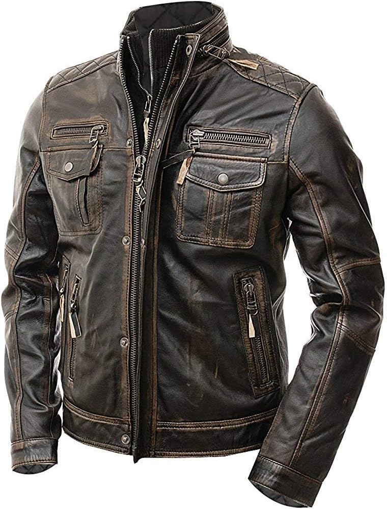 Abbraci Men’s Motorcycle Biker Slim Fit Vintage Distressed Brown Cafe Racer Real Leather Jacket