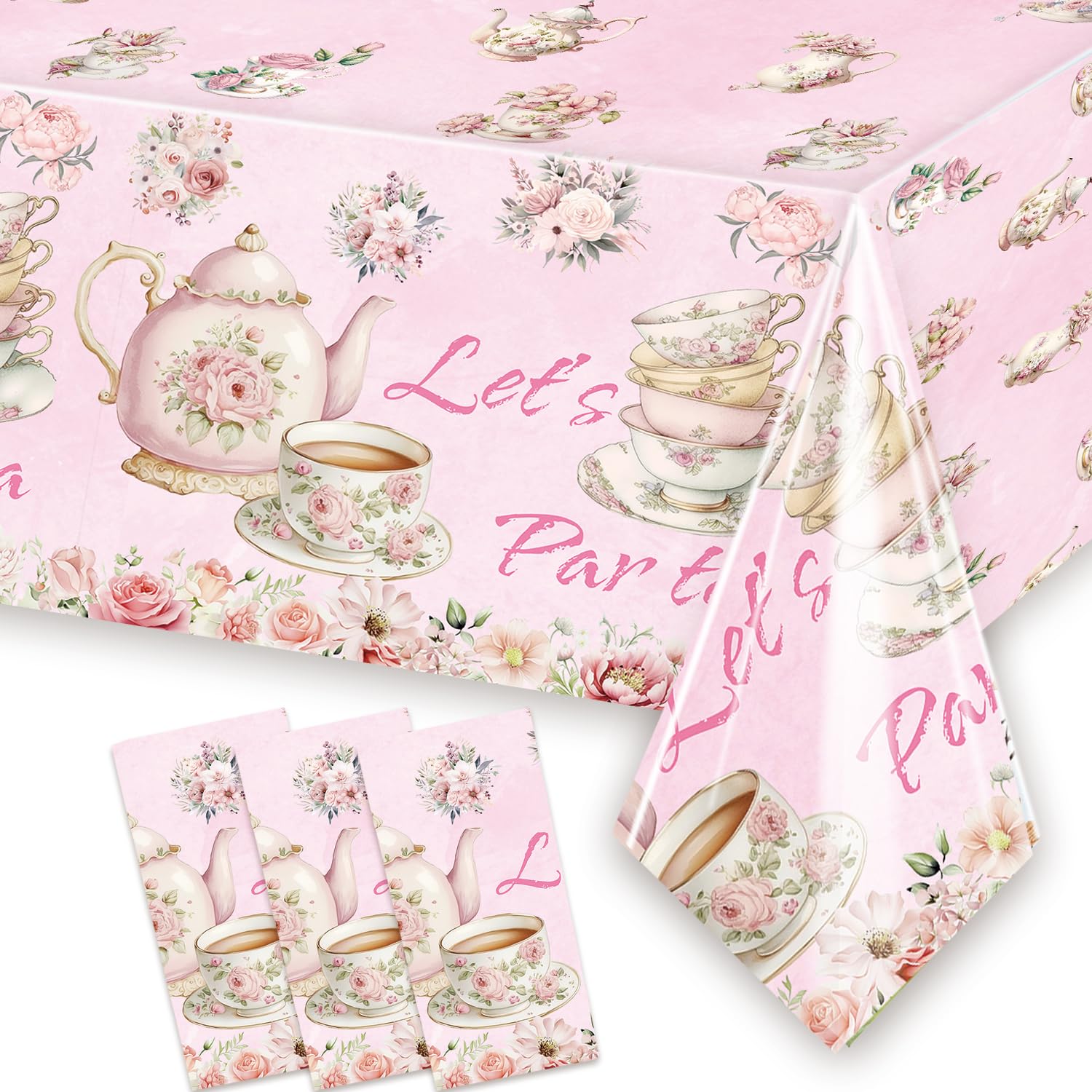 Photo 1 of 3 Pcs Pink Floral Tea Tablecloth 54'' x 108'' Let's Par Tea Table Cover for Teapots Teacups Theme Girls Par Tea Baby Shower Floral Birthday Engagement Bachelorette Party Table Supplies Decorations