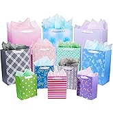 12 Pack Gift Bags Assorted Sizes and Designs, Gift Bags Bulk with Tissue Paper (5 Medium 8", 4 Large 11", 3 Extra Large 14") for Birthday, Baby Showers, Bridal Showers, Easter Day Any Occasion