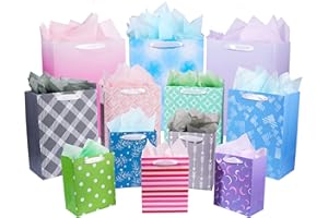 PLAUTHUS 12 Pack Gift Bags Assorted Sizes and Designs, Gift Bags Bulk with Tissue Paper (5 Medium 8", 4 Large 11", 3 Extra Large 14") for Birthday, Baby Showers, Bridal Showers, Easter Day Any Occasion