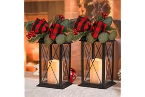 WONDER GARDEN Christmas Lanterns Decorative Indoor, 2 Pack Christmas Lantern Outdoor, 12.5 Inch Decorative Candle Lanterns Flameless Light with Greenery and Bowknot for Table Centerpieces,Home, Porch Decor