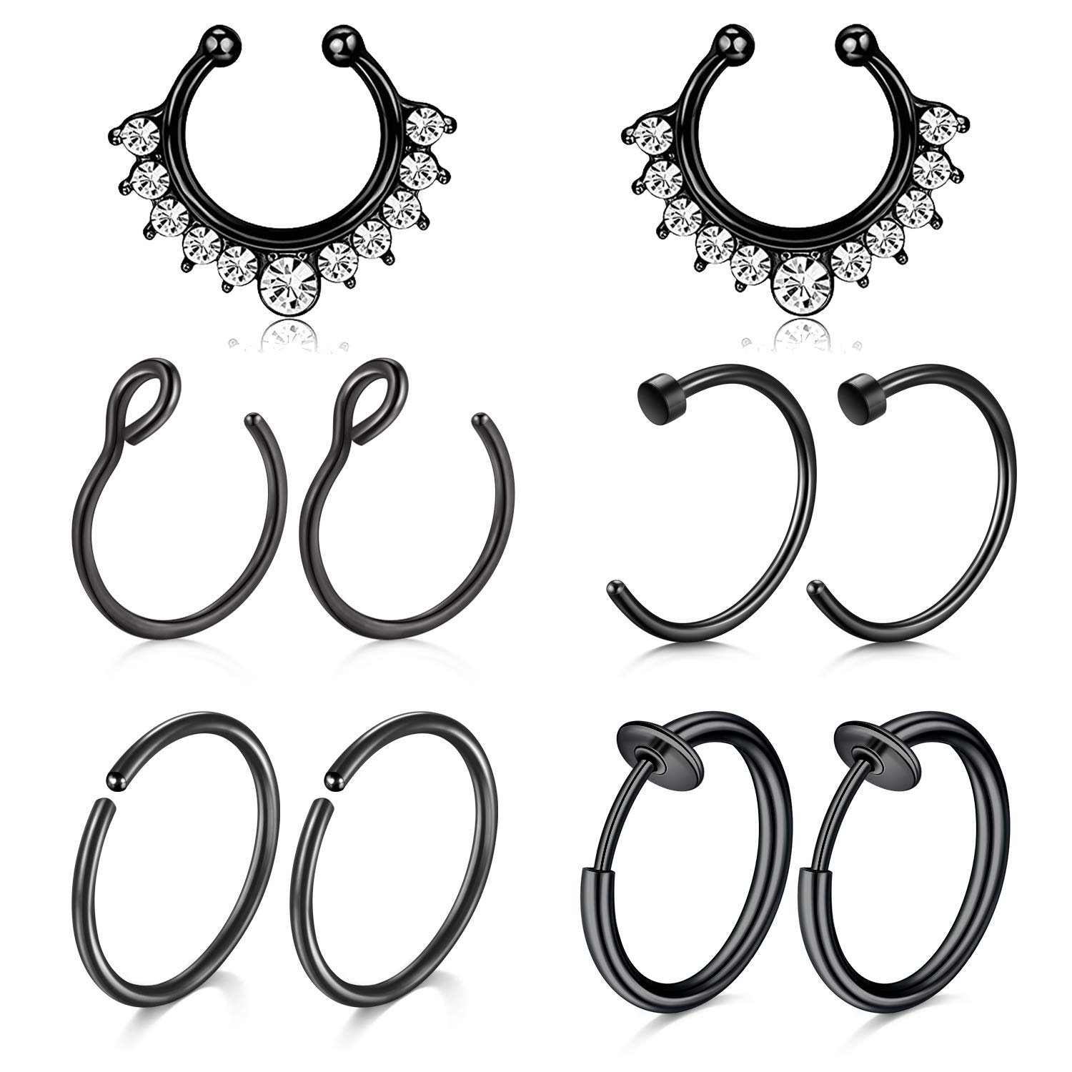 Mayhoop 10 Pcs Fake Nose Rings Hoop Septum Black Stainless Steel with Diamond Fake Nose Lip Ear Rings No Pierced Body Piercing Jewelry