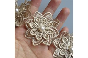 SHBBON 2 Yards 3D Flower Lace Edge Trim Pearl Embroidered Polyester Lace Trimming Ribbon Fabric Applique Patchwork for Wedding Bridal Dress Handmade DIY Sewing Craft Supplies Decoration (Gold)