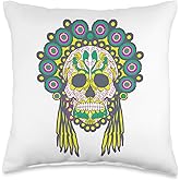 Halloween Hipster Sugar Skull Head Dress Skull Day Of Dead Throw Pillow