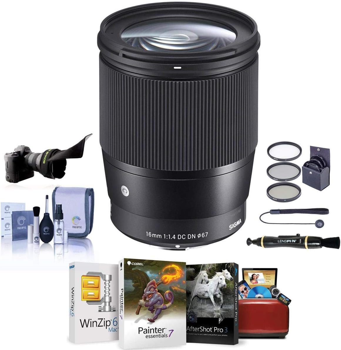 Sigma 16mm f/1.4 DC DN Contemporary Lens for Canon EF-M Cameras Black - Bundle with 67mm Filter Kit, Flex Lens Shade, Cleaning Kit, Capleash II, Lenspen Lens Cleaner, Mac Software Package