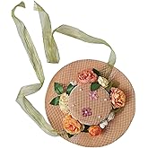 BUDUBIBI Victorian Tea Party Sun Hat for Women, Lolita Florals Straw Hat with Bow Ribbons Wide Brim Bonnet Cap