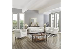 NAOMI HOME Emery Chesterfield 3 Piece Living Room Sectional Sofa Set with Rolled Arms, Tufted Cushion Sofas for Living Room Set Includes Sofa, Loveseat Couch, Accent Arm Chair / Easy Tool-Free Assembly – White