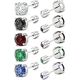 AILIFE 5 Pairs Stud Earrings Set Hypoallergenic Surgical Stainless Steel Earrings for Women Men , Balls/ Square/ Round Surgical Steel Stud Earrings Screw Back Multicolored Cubic Zirconia Titanium Earrings