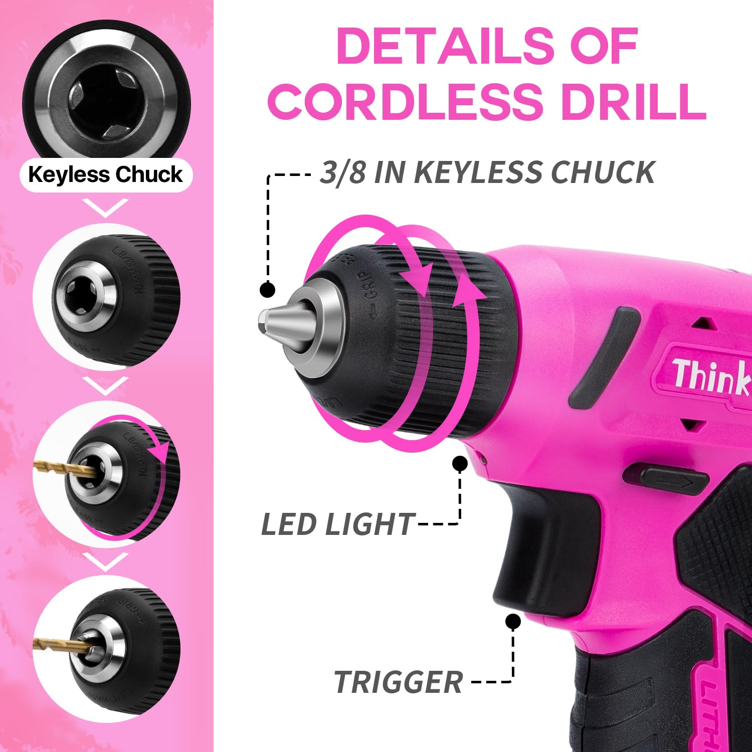 8V Pink Cordless Drill Set, 64 Pcs Pink Power Drill Tool Kit for Women, 3/8
