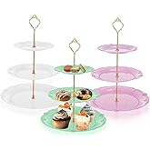 Nexboraque 3 Pack 3 Tier Plastic Cupcake Stand, Dessert Cup Cake Holder Tower Reusable Tiered Serving Tray with Metal Rod Pastry Platter for Wedding, Birthday, Tea Party - White Green Pink