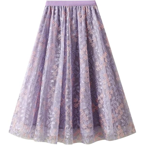 Women's High Waist Tulle Skirt With Floral Embroidery - Layered Mesh A-Line Party Skirt, Elastic Waist