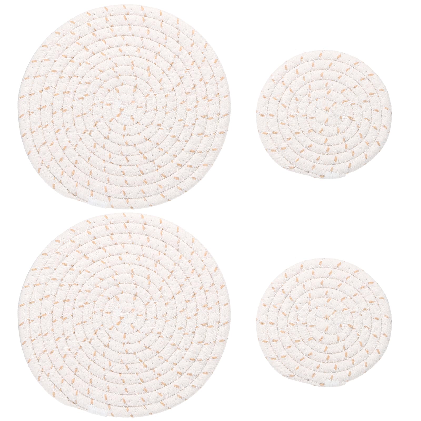 PATIKIL Plant Coasters 4 Inch 7 Inch, 4 Pcs Woven Plant Mat Round Pads Set for House Indoor Outdoor Gardening Pot Kitchen Table, White & Grass Yellow