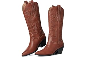 CYNLLIO Black Cowgirl Boots for Women Chunky Heels Mid Calf Cowboy Boots Retro Embroidered Pull on Western Country Music Boots