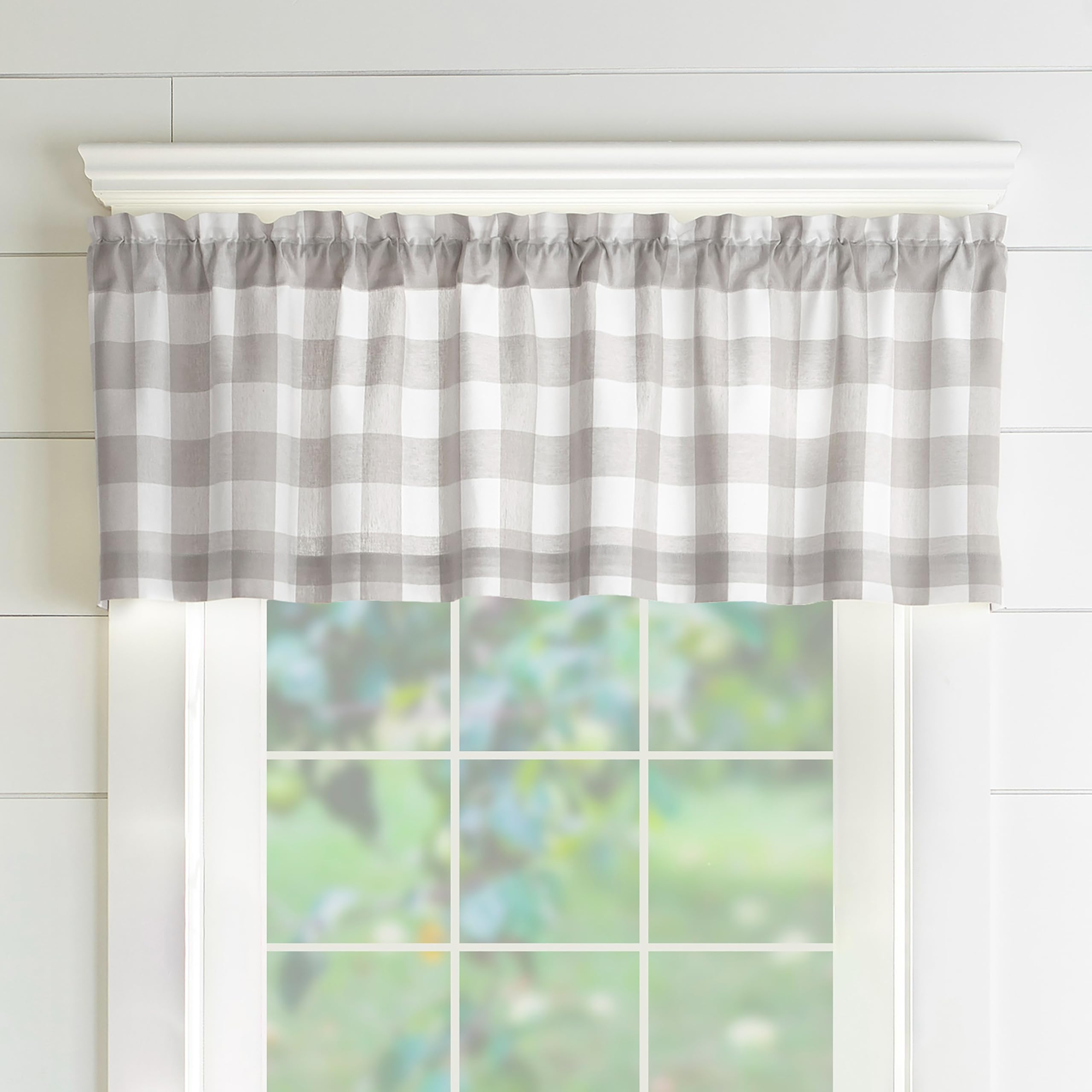 Elrene Home Fashions Farmhouse Living Buffalo Check Window Kitchen Valance, 60" x 15" (1, Gray/White
