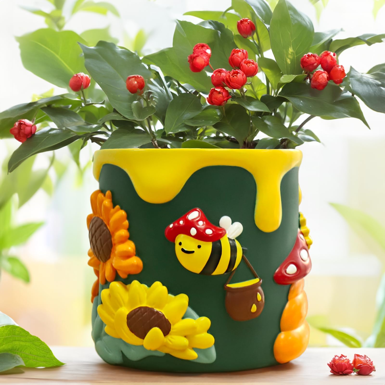 AmiCera Colourful Bee Sunflower Plant Pots, Cute Plant Pot with Drainage, Small Mushroom Succulent Flower Pot for Indoor Plants, Eclectic Gardening Gifts for Plant Lovers, Green