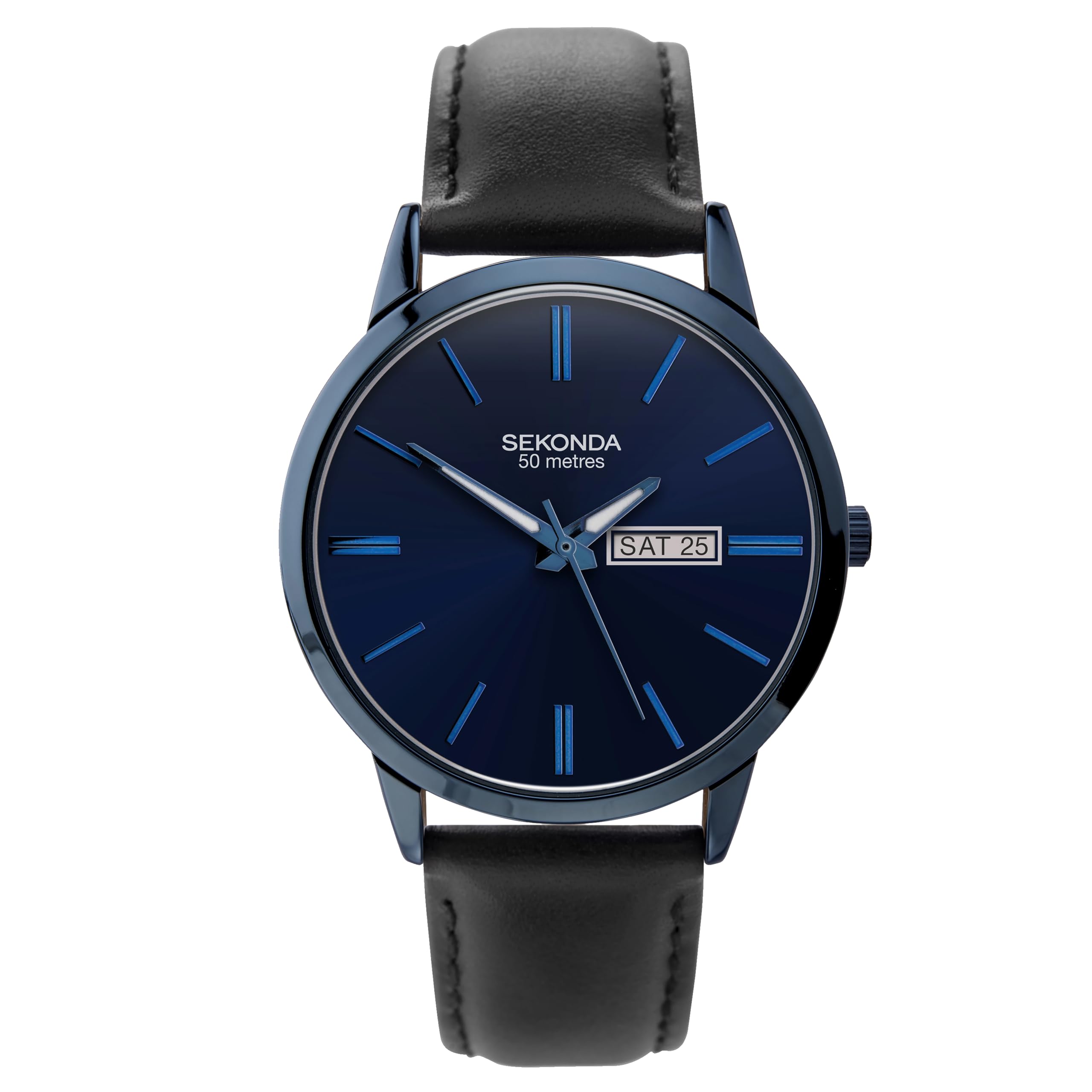 Sekonda Mens 40mm Quartz Watch Blue Case and Black Leather Strap with Blue Dial 1843