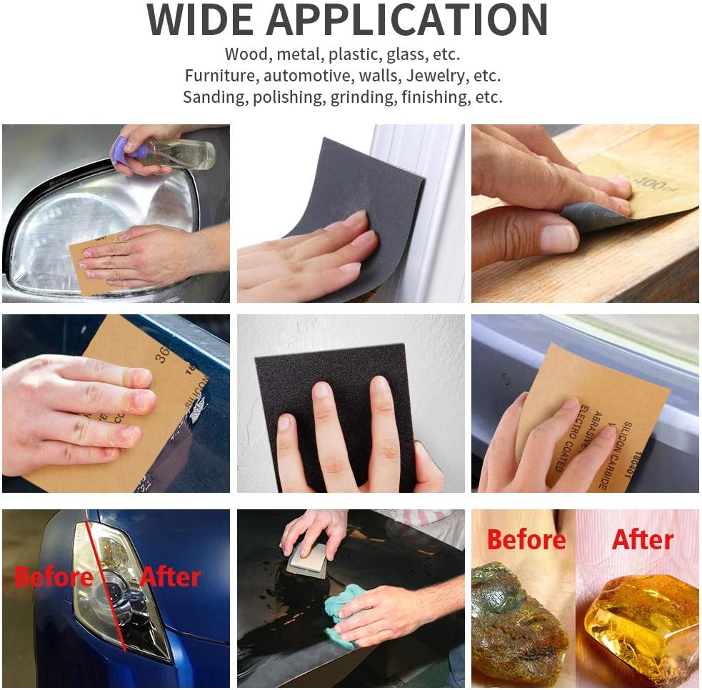 Sandpaper, 120 to 3000 Girt Sand Paper Assortment Wet Dry Waterproof Abrasive Variety Pack Sanding Paper Sheets for Automotive Car Wood Metal Plastic Glass Polishing Finishing, 9х3.6 Inch - - 