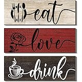 Creoate 3 Pieces Kitchen Sign Wall Decor, Eat Love Drink Wood Sign Plaque Wall Art Rustic Farmhouse Home Decor Hanging for Di