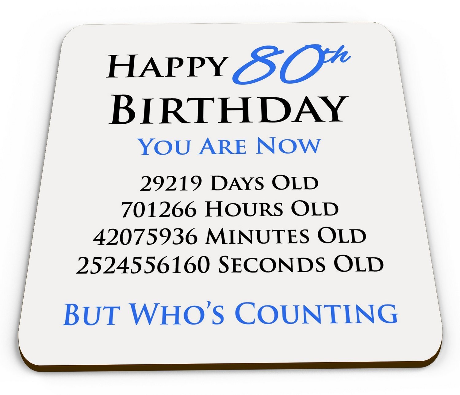 Happy 80th Birthday You are Now Days Hours Minutes Seconds Old Novelty Glossy Mug Coaster - Blue
