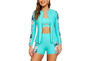 SHEKINI Women's 3 Piece Rash Guard Long Sleeve Swimsuits Built-in Bra Zip Up Swim Shirts with Boyshorts