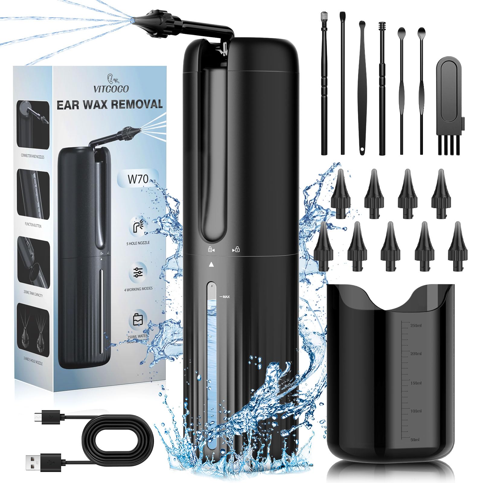 VITCOCO Ear Wax Removal Kit, Electric Water Powered Ear Cleaner for Effective Ear Wax Removal, Ear Irrigation Ear Cleaning Kit with 4 Cleaning Modes,10 Reusable Tips, for Home Use (Black)