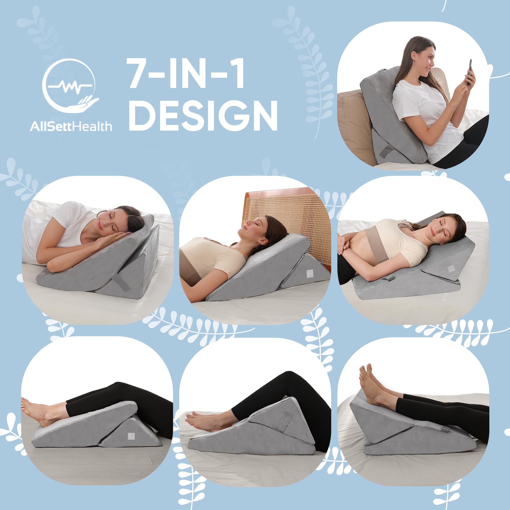 AllSett Health Adjustable Bed Wedge Pillow for Sleep Apnea, 7 in 1 Body Positioner Bed Wedge Pillow for Sleeping, Acid Reflux Pillow, GERD, Anti Snore Sleep Apnea Pillow, Heartburn