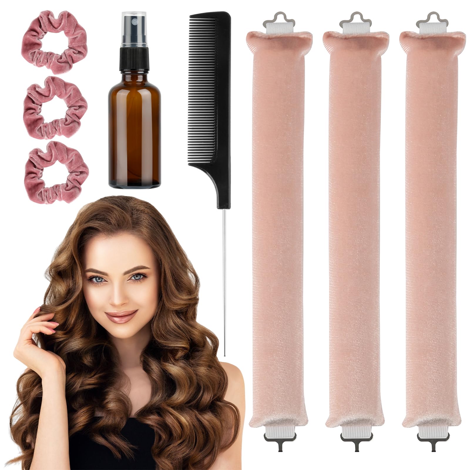 lahnao 3 Pack Heatless Curlers - Flannel Headband, Soft Hair Curler, No Heat for Short to Long Hair with Big Waves (Pink)