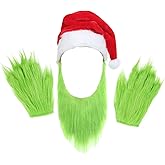 Obavioy Mens Green Beard Santa Hat with Furry Gloves for Adult Christmas Cosplay Costume Accessories