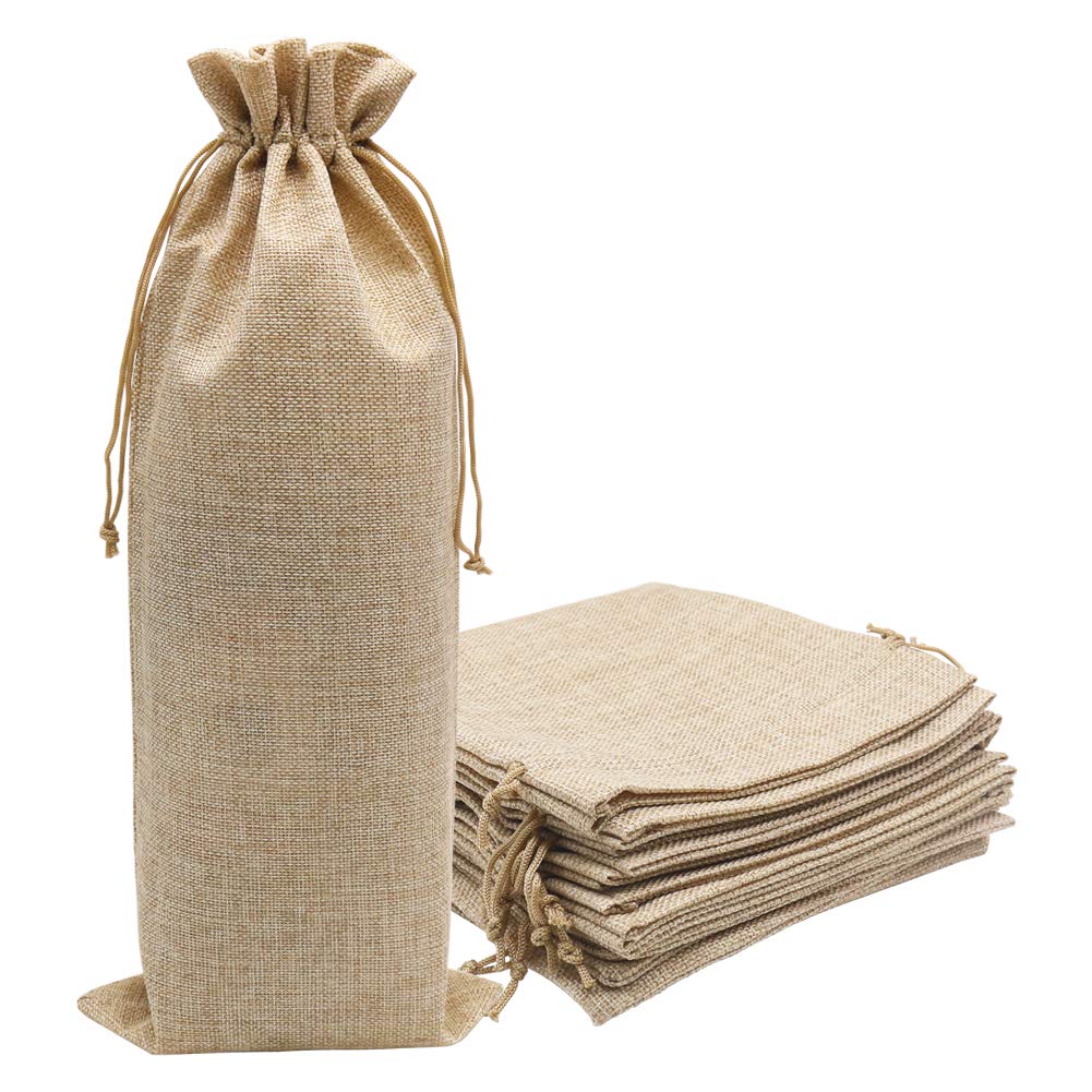 HRX Package 10pcs Burlap Wine Bags for 1.5L Magnum Bottles, Hessian Cloth Glass Liquor Bottle Bags Covers for Christmas Wedding Party (16.5 x 7 inch)