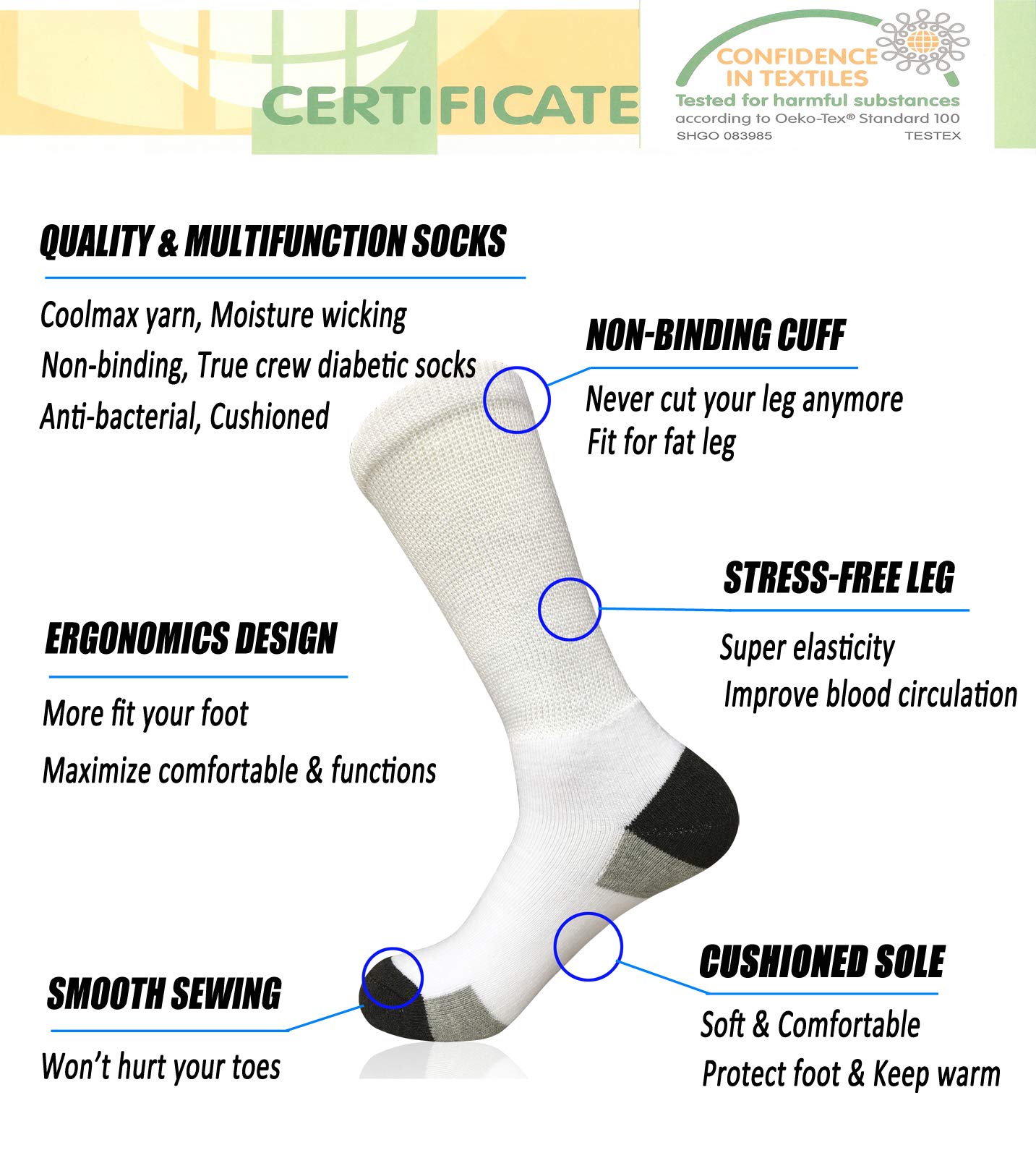 MOLAX Mens Diabetic Socks Non-Binding Crew Socks Cushioned for Edema Thick Ankle Diabetes Edema Swollen Feet