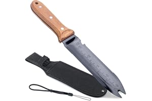 WILLKOMMEN Hori Hori Garden Knife- Garden Tools with Oxford Cloth Sheath, 7" Stainless Steel Blade,Full Tang Beechwood Handle