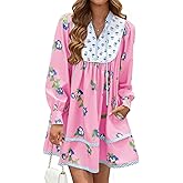 MAOECO Womens Floral Mini Dress V Neck Long Sleeve Patchwork Loose Babydoll Boho Flowy Short Shift Shirt Dresses