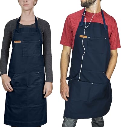 Chef Pomodoro Navy Blue Cotton Chef Apron Men Women Pockets Adjustable Neck