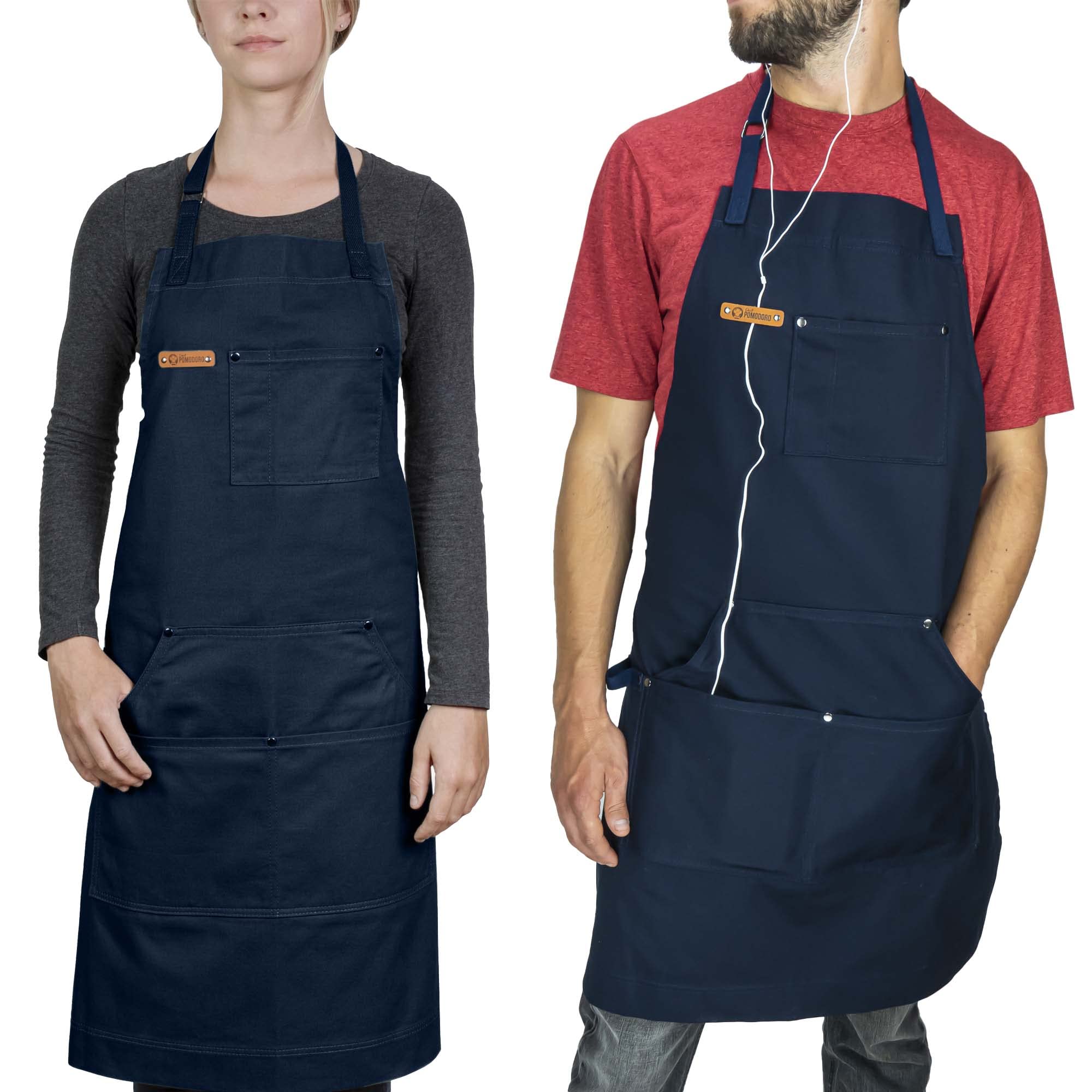 Chef Pomodoro Chef Apron for Men and Women, Kitchen Apron for Women with Pockets & Adjustable Neck Straps - Navy Blue Chef Aprons, Aprons for Cooking, 100% Cotton Cooking Aprons, Machine Washable