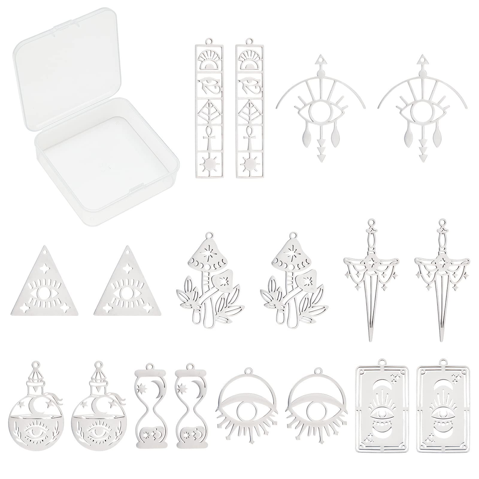 SUNNYCLUE 18Pcs 9 Styles Stainless Steel Tarot Pendants Eye Rectangle Pendants Charm Retro Vintage Stainless Steel Tarot Necklace Pendant Tarot Jewelry Charms for DIY Original Jewelry Accessories
