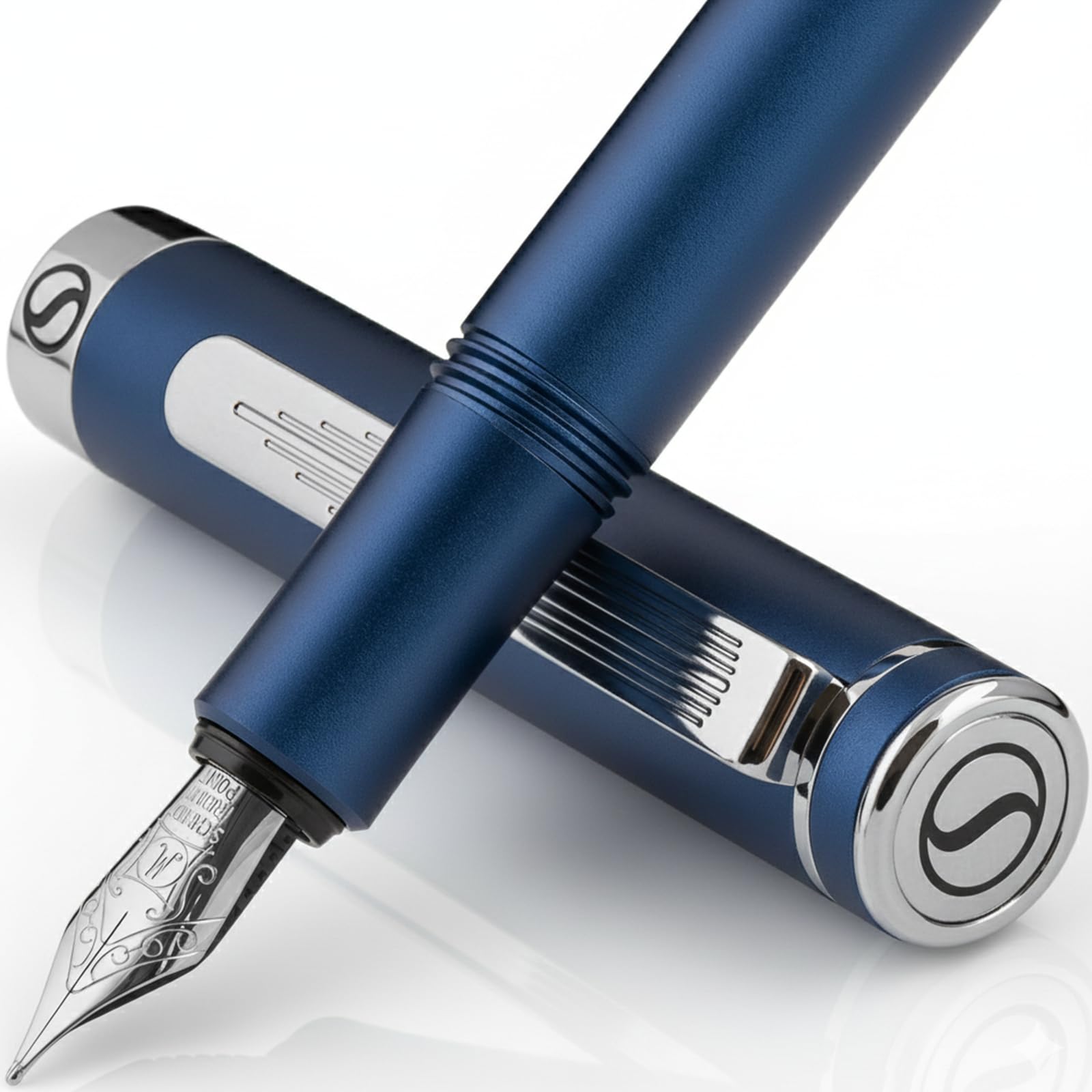Scriveiner Luxury EDC Fountain Pen (Medium), Stunning Matt Blue Pocket Pen, Chrome Finish, Schmidt German Nib, Converter, Best Writing Pen Gift Set for Men & Women, Nice Fancy Office Designer Pen