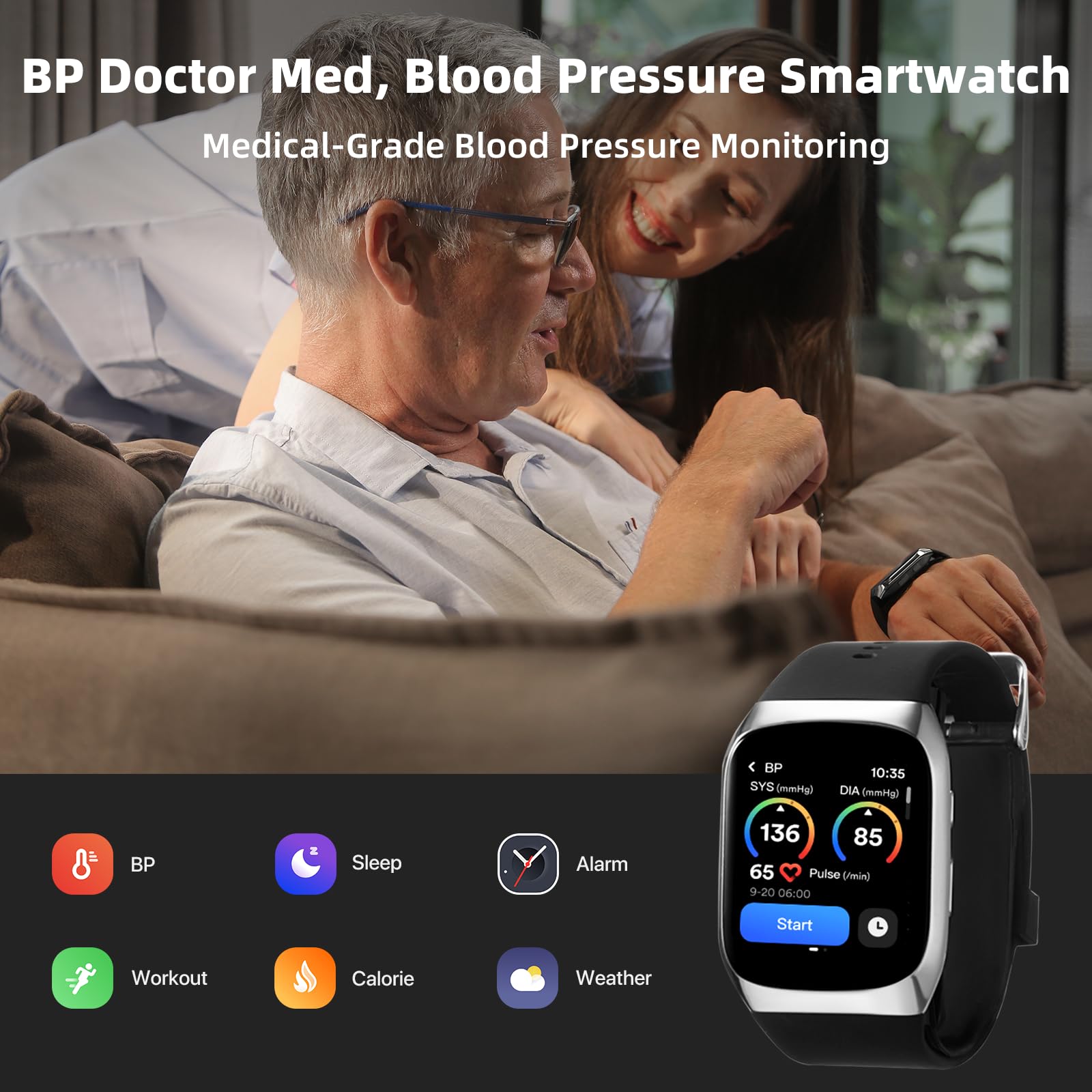 YHE BP Doctor Med, Blood Pressure Smartwatch with Dual Patented Cuff, Wrist BP Monitor 24/7 Stress Monitoring Sleep & Sports Tracking App for Android & iOS