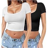 2 Piece Women's Square Neck Short Sleeve Crop Top Y2K Shirt Slim Fitted Casual Base Layer Workout Shirt Going Out Tops