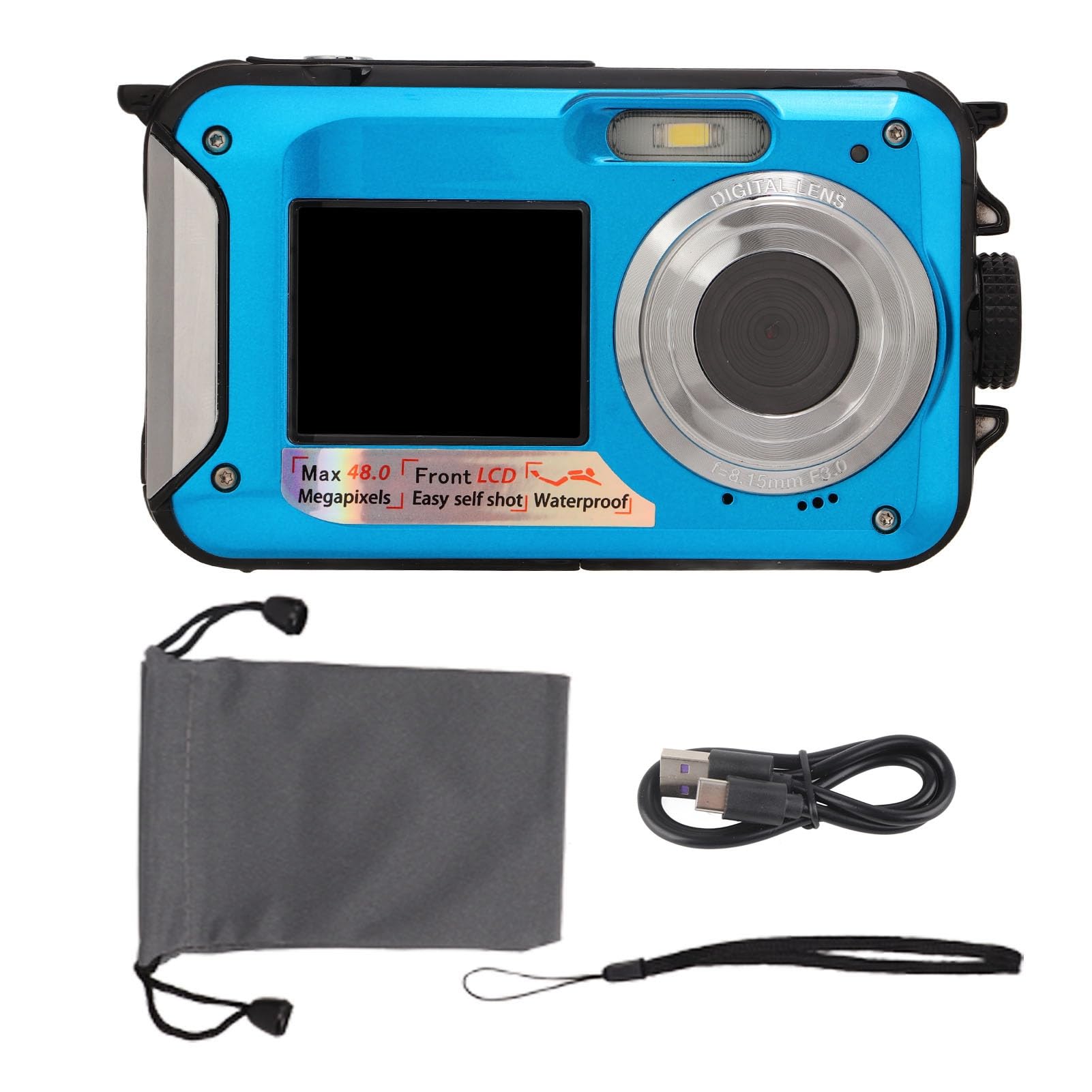MENDUNER Underwater Digital Camera - Full HD 2.7K 48MP 10ft Waterproof 16X Digital Zoom Waterproof Digital Camera with Front Rear Dual Screens for Summer Outdoor (Blue)