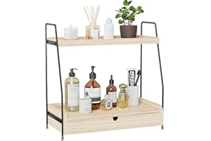 MONVANE 2-Tier Bathroom Organizer Countertop - Solid Wood Bathroom Counter Organizer with Drawer, Simple Standing Vanity Tray for Bathroom Organization and Bathroom Storage (Brown and Black)