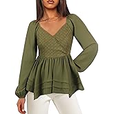 Angashion Women Tops Long Sleeve V Neck Peplum Blouse Dressy Casual Flowy Ruffle Babydoll Shirts