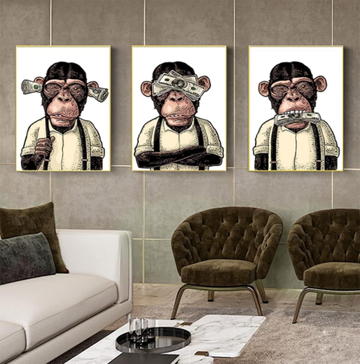 ZFTCN Set of 3 Cow Highlands Bathroom Posters, Money Pictures, Orangutans and Monkeys, Black and White Animals, No Frame (Poster 04, 3 Pieces, 60 x 90 cm)